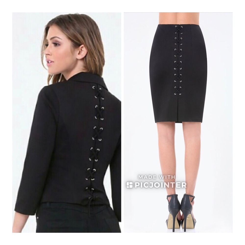 BeBe Ponte lace up Back suit jacket skirt blazer 0